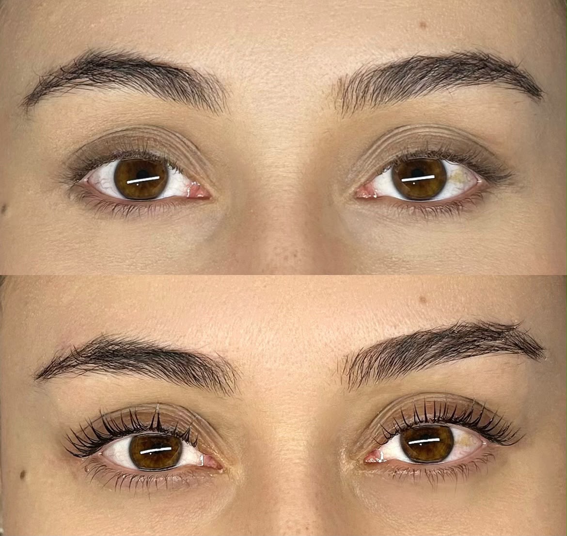 Lash lifting: cílios naturais antes retos e depois curvados, com olhar mais aberto